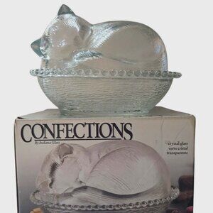 Cat On Nest Confections Indiana Glass KITTEN CANDY BOX Crystal Glass Candy Dish
